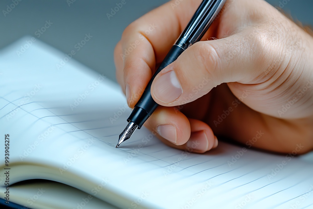 Poster A close-up of a hand holding a pen, writing carefully in a lined notebook with pages filled with notes
