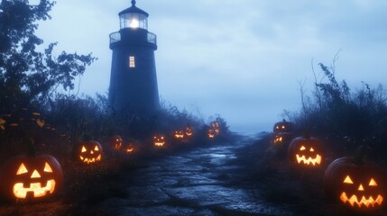 A haunted American lighthouse on Halloween night glowing jack-o-lanterns lining the path