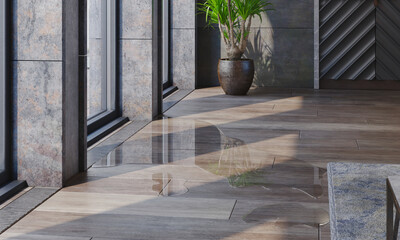 Water leaking and flooded on wood parquet floor. Room floor will damage after the water flooded..