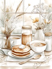 Breakfast dishes on a cozy kitchen table with natural light, copy space