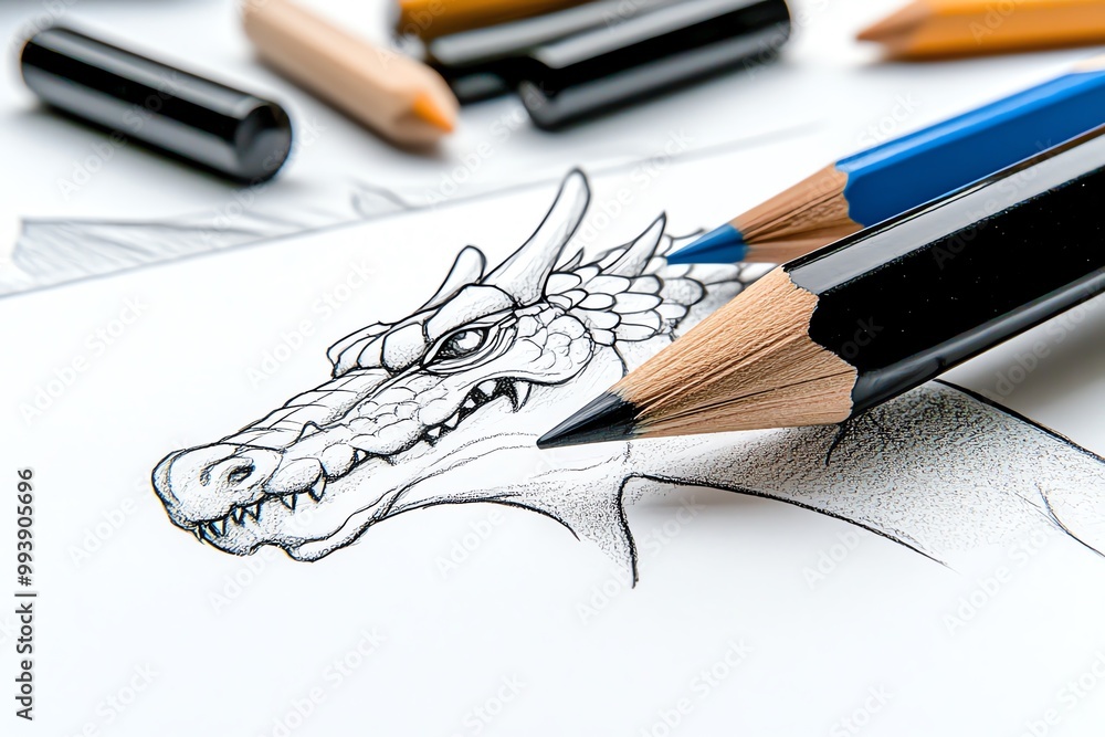 Poster a close-up of a pencil sketch on paper, with detailed lines and shading showing the artist's focus