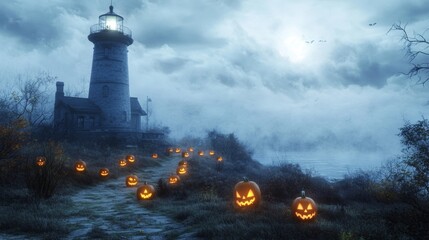 A haunted American lighthouse on Halloween night glowing jack-o-lanterns lining the path