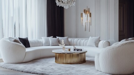 Modern interior design of luxury apartment, living room with white sofa, round armchairs Accent coffee table and chandelier Home interior with furry rug