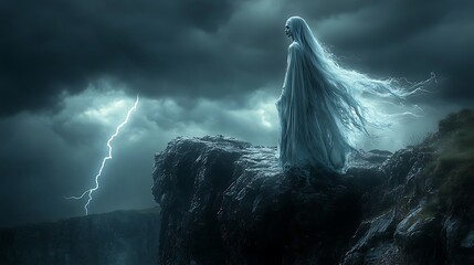 A banshee with flowing ghostly hair wails from a high cliff, her ethereal body lit by flashes of lightning in the stormy night. The wind howls, creating a chilling and eerie atmosphere.