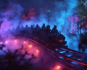 A haunted Halloween roller coaster at an American theme park with eerie lighting