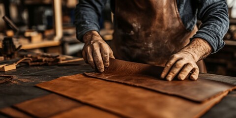 Crafting leather is an art. This artisan carefully lays out leather pieces on a wooden table. The warm tones highlight skillful handiwork. Handmade leather goods come to life. AI