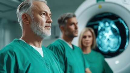 Medical team discussing patient's CT scan results, collaborative diagnosis, colorectal cancer, medical team