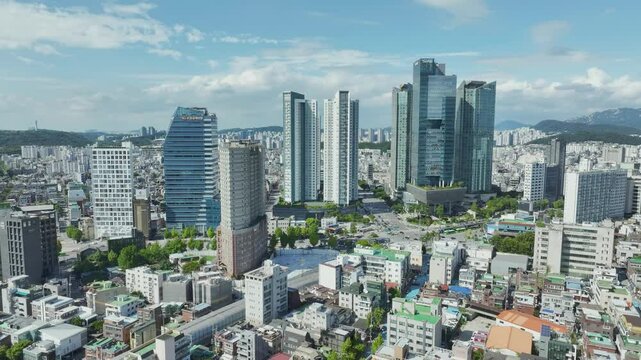Drone View of Seoul city in South Korea, Hapjeong Station, Hot place, Summer, 60fps
