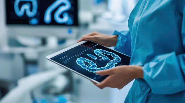 Doctor holding a digital tablet showing colonoscopy results, modern healthcare, colorectal cancer, diagnosis