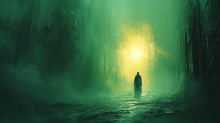 Mysterious Figure in a Foggy Green Alleyway