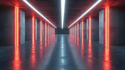 Red and White Neon Lights in a Concrete Corridor 3D Illustration