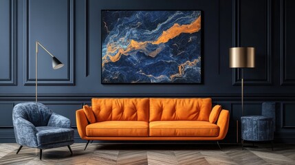Orange sofa and armchair against dark blue classic wall with marbling poster Art deco home interior design of modern living room
