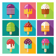 Ice creams isolated on white background. Chocolate, Vanilla, Ice cream cone. Ice cream on stick