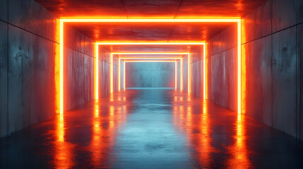 3D Rendered Abstract Background with Neon Lights in a Concrete Tunnel