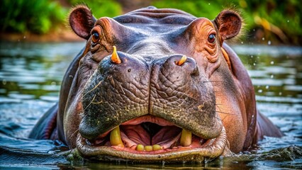 Close-up of a Hippo Face with Large Mouth and Expressive Eyes Displaying Unique Wildlife Features