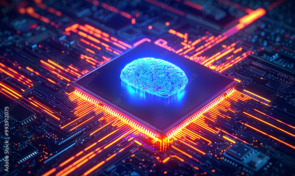 Aufkleber digital brain floating above a computer chip, surrounded by circuitry and digital cities. the scene 