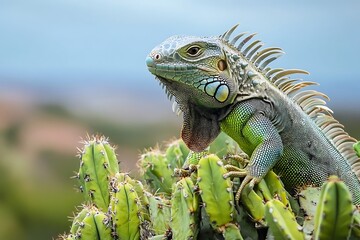 Obraz premium Green Iguana Lizard Perched on a Prickly Cactus Plant.