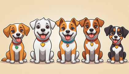 Chiens domestiques stickers illustration comics bd heureux souriant mignon collier adoption chiot &eacute;l&eacute;ments isol&eacute;s.