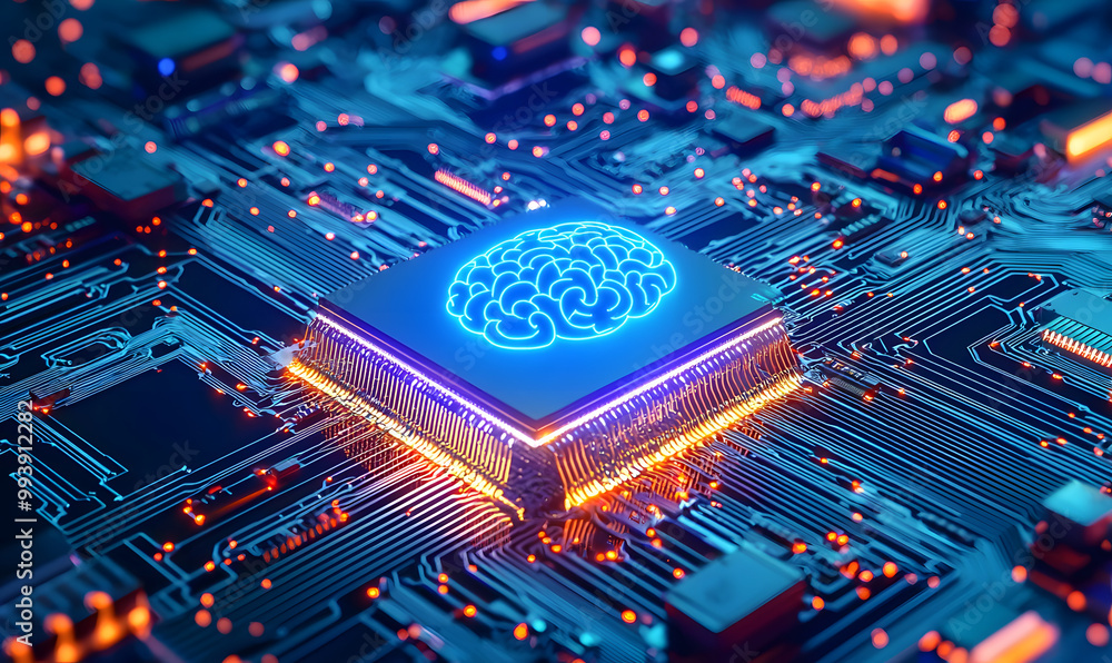 Poster digital brain floating above a computer chip, surrounded by circuitry and digital cities.the scene i