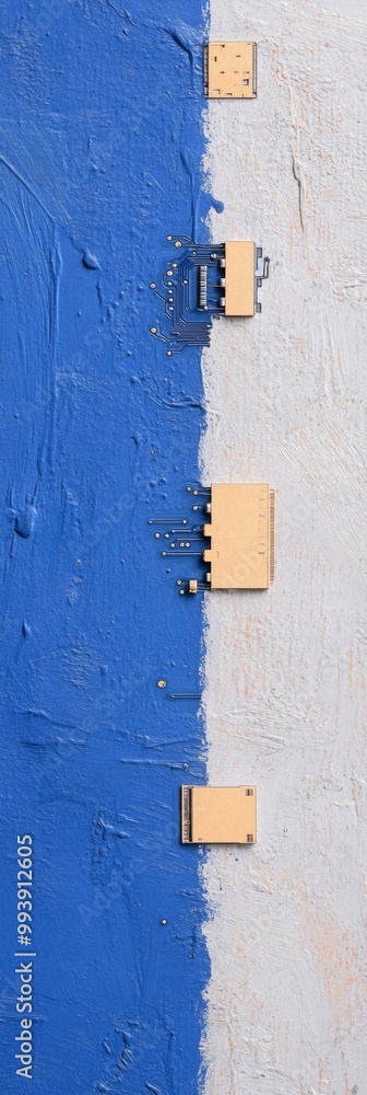 Aufkleber abstract tech art computer chips on blue and white textured surface