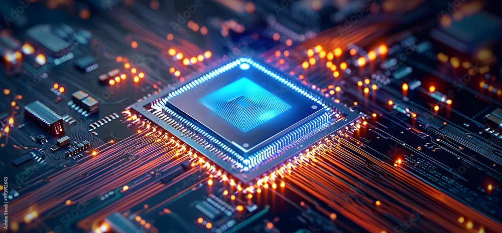 Poster a futuristic, high-tech chip, advanced microchip on top of a circuit board, glowing with blue light 
