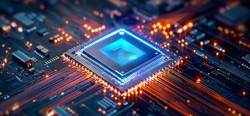 A futuristic, high-tech chip, advanced microchip on top of a circuit board, glowing with blue light ,symbolizing the power behind artificial intelligence technology.