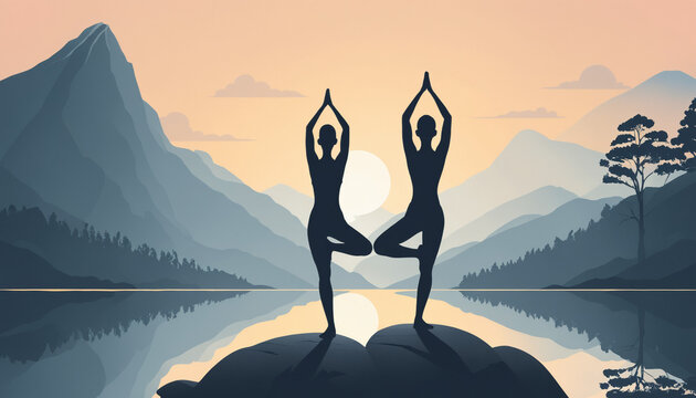 Illustration femme silhouette position yoga relaxation zen nature ext&eacute;rieur montagne paysage soleil levant couchant session sport.