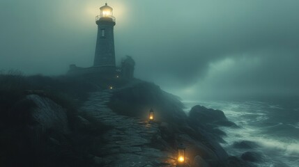 Fototapeta premium An American haunted lighthouse by the ocean eerie fog rolling in from the waves