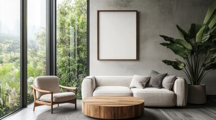Round wooden coffee table near sofa and armchair against window and wall with blank mockup poster frame Scandinavian interior design of modern living room