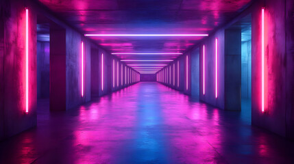 Fototapeta premium Neon Lights in a Long Hallway 3D Illustration