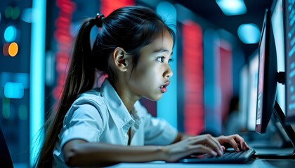 School Student Working on Computer Using AI Technology and Machine Learning in the Classroom