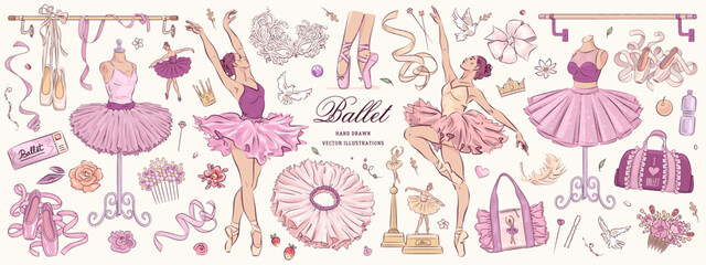 Hand drawn sketch ballet set. Vector illustration of ballerina and ballet studio elements isolated on background