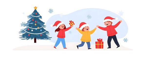 Fototapeta premium Festive kids in Santa hats with gifts, laughing together by a Christmas tree, warm and joyful holiday celebration
