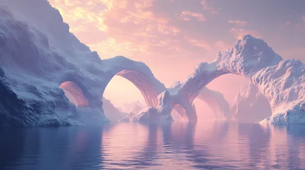 3d render. abstract surreal seascape background with rocky mountains and mirror arches. fantastic landscape wallpaper. Surreal Landscape. Illustration