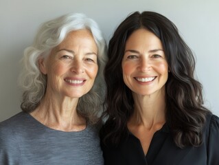 Smiling portrait of two women from different generations, standing next to each other, their facial expressions showing warmth and connection