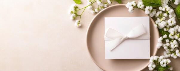 white round empty plate with gypsophila branch on beige background