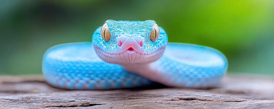 Blue pit viper with yellow eyes, blur background