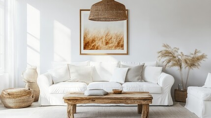 Rustic coffee table near white sofa against white wall with frame and wicker pendant lamp Farmhouse interior design of modern living room