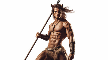 Obraz premium 3d rendering : a portrait of the handsome male centaur posing his body with spear, isolated with white background, png transparent. Centaur. Illustration