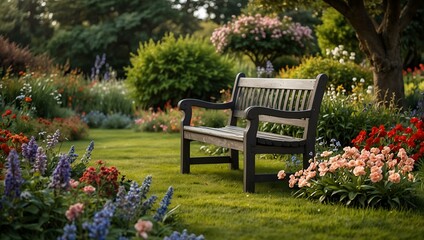 Serene garden with a bench surrounded by flowers.