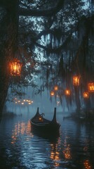 Creepy Halloween boat ride through a foggy American swamp glowing lanterns hanging from trees