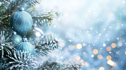 Blue christmas baubles on a fir branch, bokeh fairy light, snowflakes, banner, background or greeting card, winter season