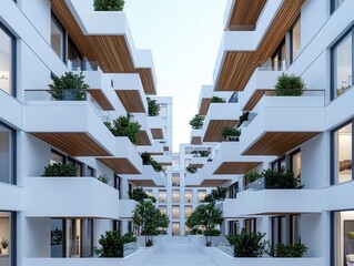 Fototapeta premium 3D structure of a high-rise building with wood-clad facades and white balconies, eco-friendly design