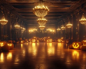Obraz premium Creepy Halloween dance party in a haunted American ballroom eerie chandeliers flickering