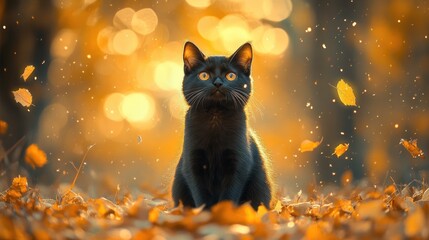 A black cat sits amidst autumn leaves with a dreamy background.