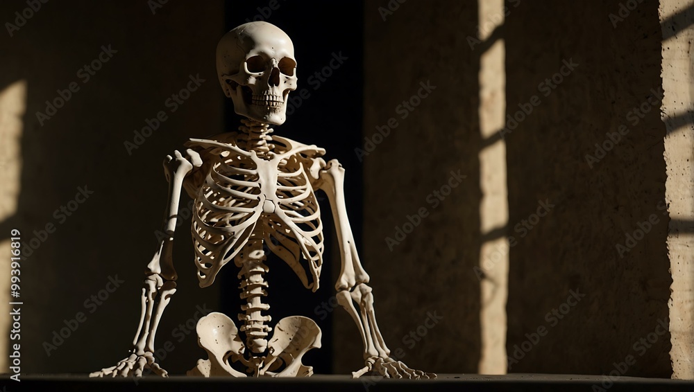 Poster skeleton of human bones displayed in a shadowy setting.