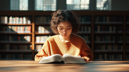 Young Female Reading in Library Setting