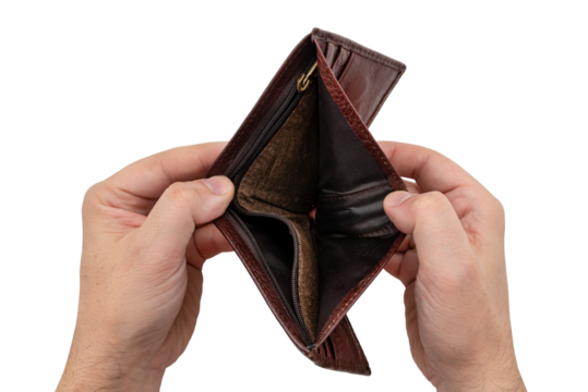 Male hands holding open empty wallet. Top view close up. Hands isolate with wallet