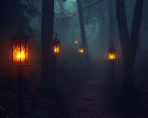 Creepy Halloween lantern walk through a foggy American forest glowing ghostly lanterns lighting the path