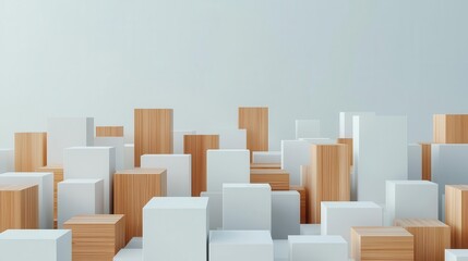 3D massing model of interconnected buildings using white volumes and wood textures, modern urban design
